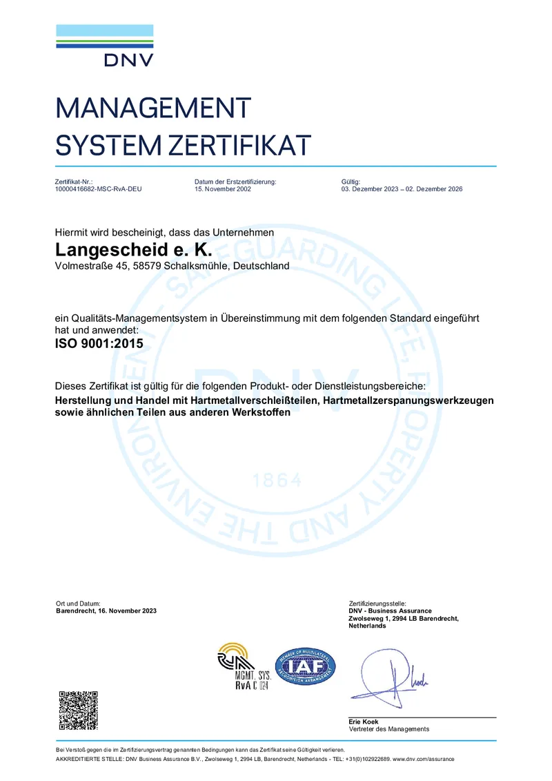 ISO 9001:2015 Zertifikat der Langescheid e.K.